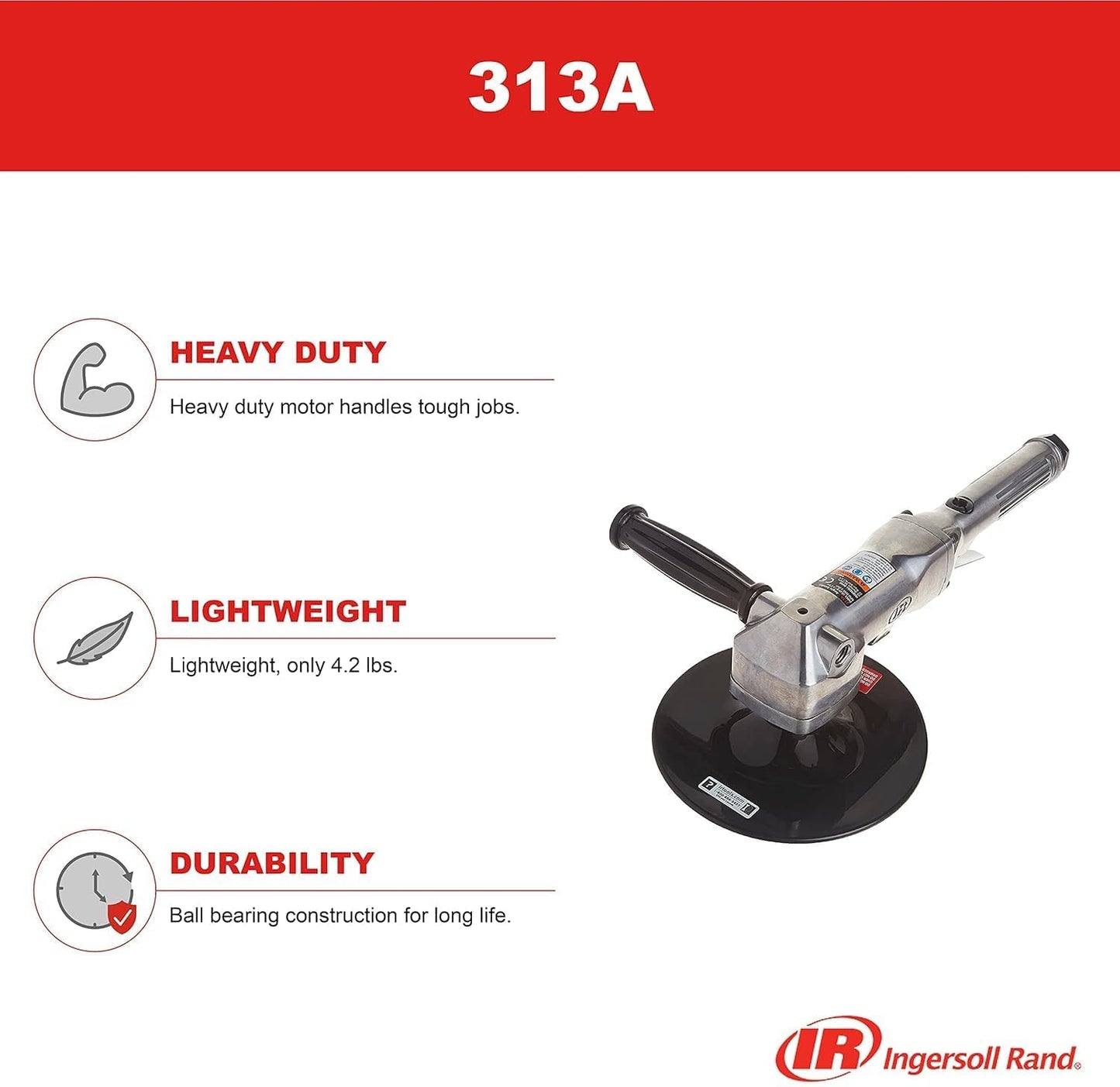 Ingersoll Rand 313A 7” Orbital Angle Pneumatic Sander, Heavy Duty Motor, Lightweight at 4.2 lbs, Adjustable Speed Up to 5,000 RPM, Ball Bearing Construction